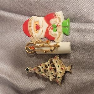 Three Vintage Christmas Pins/Brooches, Tree, Candle, Santa